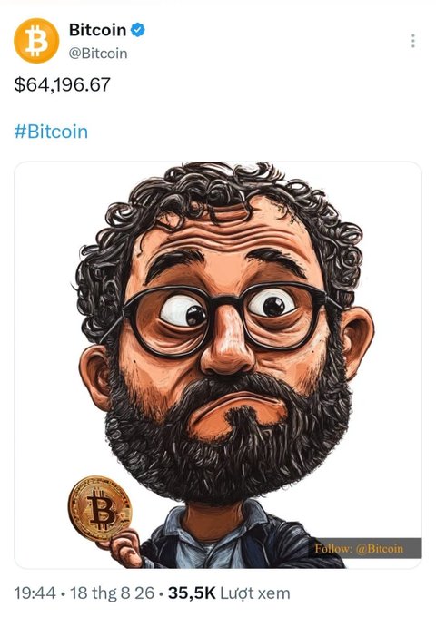 A tweet from the verified Bitcoin account (@Bitcoin) showing a price of $64,196.67, featuring a cartoon caricature of a bearded man holding a physical Bitcoin coin, posted on August 18, 2026.