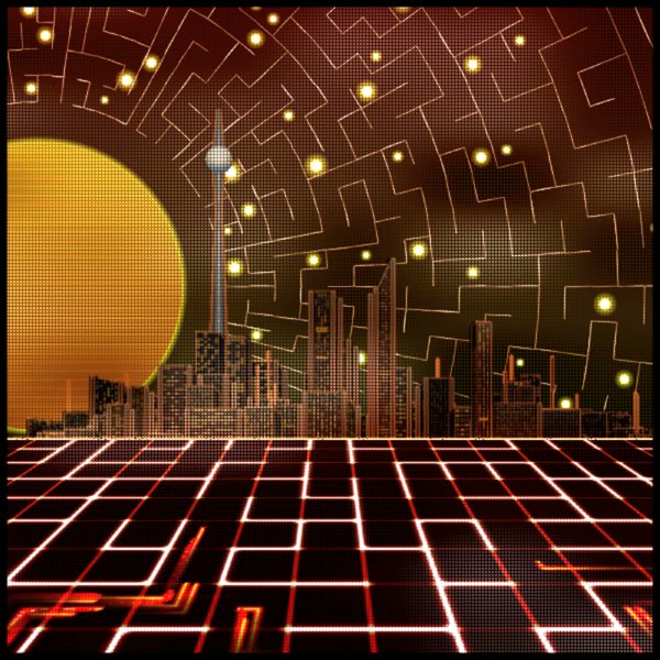 A retro-futuristic pixel art cityscape featuring a wireframe grid floor, silhouetted skyscrapers with a central tower, and a large yellow sun against a dark starry sky with digital line patterns.