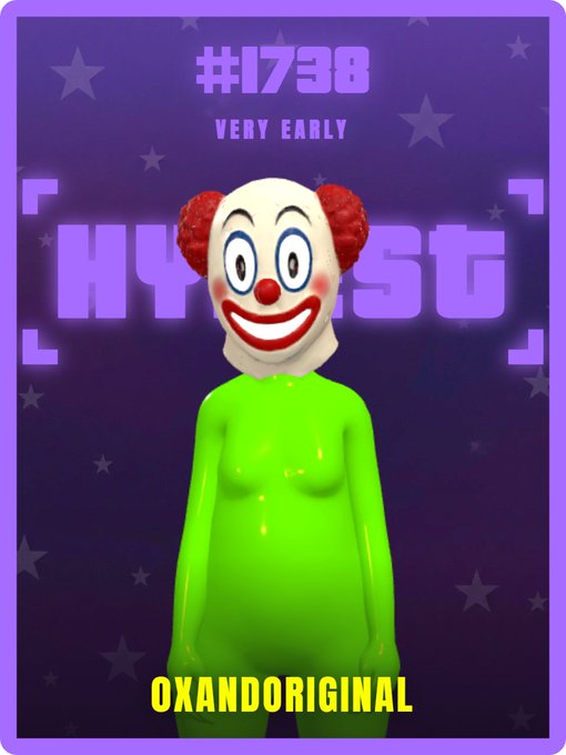An NFT-style digital artwork labeled "#1738 VERY EARLY" featuring a clown head on a green body, signed "OXANDORIGINAL" at the bottom.