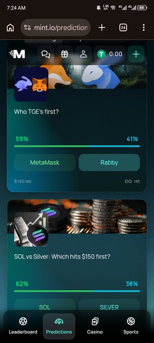 A mobile screenshot of the mint.io website showing a 'Predictions' page with two polls: 'Who TGE's first?' (MetaMask 59% vs Rabby 41%) and 'SOL vs Silver: Which hits $150 first?' (SOL 62% vs SILVER 38%).