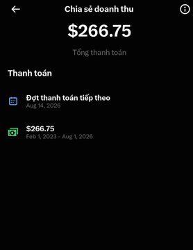 A mobile app screenshot in Vietnamese showing 'Chia sẻ doanh thu' (Revenue sharing) with a total payment of $266.75 and a recurring payment section.