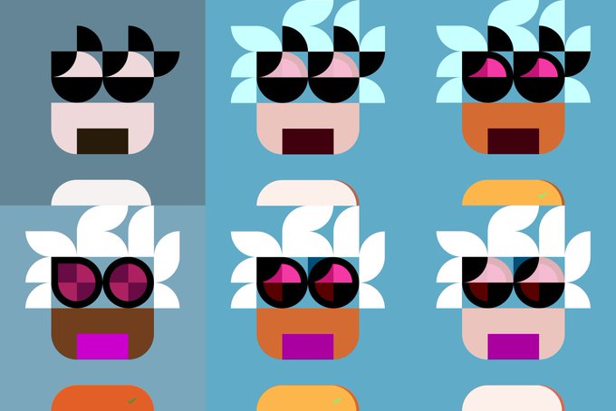 The image features a collection of nine cartoon-style faces with different hair colors and styles, arranged in a grid format against a blue background. The faces are depicted wearing sunglasses, adding a unique touch to their appearances. The caption provided for this image suggests that these faces belong to Jalil the Opepunks, who have been put on an arc by Ygg.