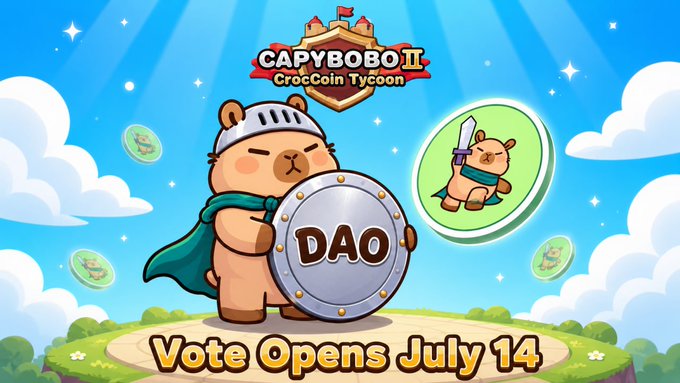 A cartoon capybara knight holding a "DAO" shield promotes "CAPYBOBO II: CrocCoin Tycoon" with "Vote Opens July 14" displayed below, visually representing the multi-admin DAO governance upgrade announced for the $PYBOBO airdrop vote.
