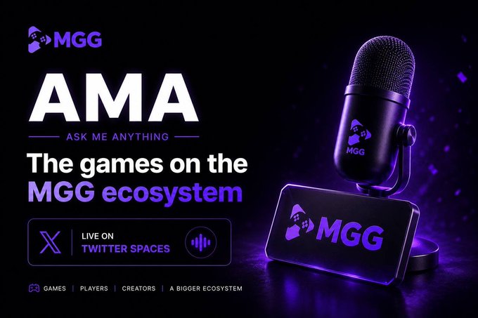 A promotional graphic for MGG advertising an AMA (Ask Me Anything) session about 'The games on the MGG ecosystem' live on Twitter Spaces, featuring a purple microphone with the MGG logo.