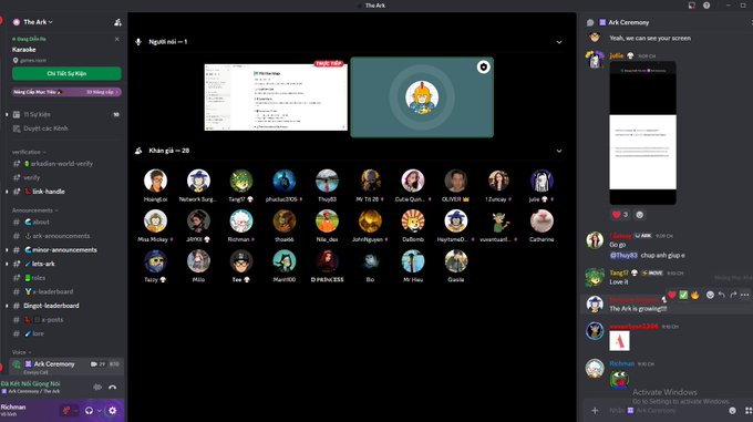 A screenshot of a Discord server called 'The Ark' showing channels, members with avatar icons, a voice call interface on the right, and a shared screen displaying a Google Slides presentation.