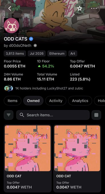 A screenshot of an NFT marketplace page for the 'ODD CATS' collection by d00dsOnEth, showing a floor price of 0.0055 ETH and two pink cat artwork items.