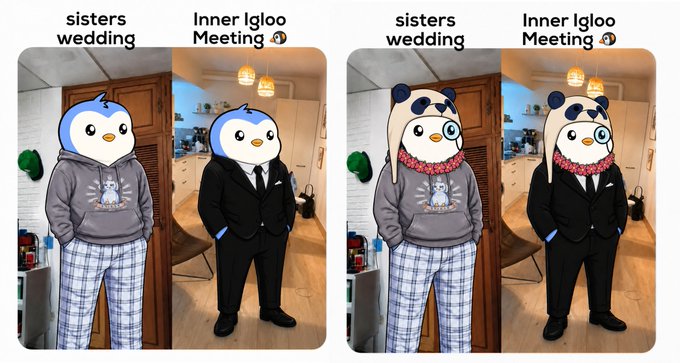 A split-image meme showing someone wearing penguin hoodies at a 'sisters wedding' (gray hoodie with plaid pants) and an 'Inner Igloo Meeting' (formal black suit), with both penguin designs shown in two variations.