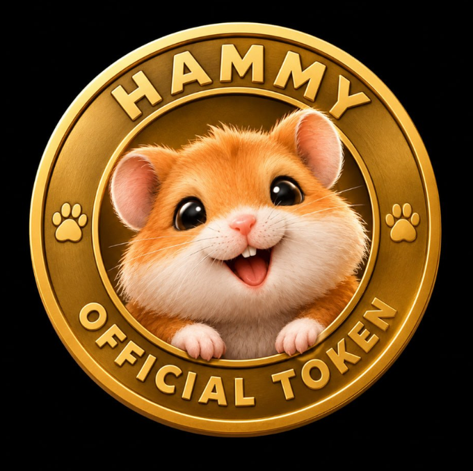 A digital illustration shows a gold coin featuring a smiling orange-and-white hamster peeking out of the center, with "HAMMY" arched across the top and "OFFICIAL TOKEN" along the bottom, flanked by small paw prints. The image visually reinforces the post's excitement about the newly launched $HMMY meme token by serving as the official-looking emblem of the playful, community-driven project.