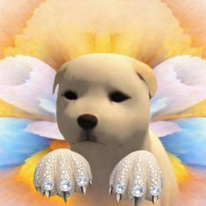 A digitally edited image of a small white puppy with large white wings and jeweled, diamond-encrusted front paws, set against a soft yellow and blue background.