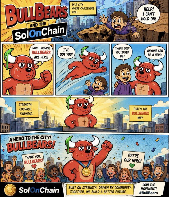 A comic book-style promotional image for 'BULLBEARS AND THE SolOnChain,' depicting a red bull-like character rescuing a falling boy, with panels containing text like 'BUILT ON STRENGTH' and '#BullBears'.