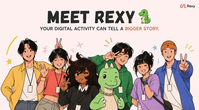 The image is a vibrant promotional banner for "Rexy," featuring the bold heading "MEET REXY" alongside a cute green cartoon dinosaur mascot, with the tagline "YOUR DIGITAL ACTIVITY CAN TELL A BIGGER STORY." It depicts a diverse, cheerful group of six young people posing with Rexy the dinosaur in a stylized illustration with playful elements like stars and sparkles, perfectly complementing the post's message about transforming everyday digital activities into something meaningful and ownable with Rexy.