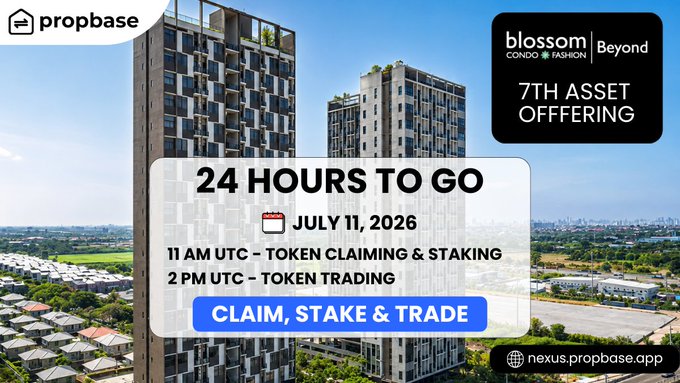 A promotional graphic for Propbase's 7th asset offering, "Blossom Beyond," showing twin high-rise condominiums with a countdown overlay reading "24 HOURS TO GO" until July 11, 2026, when token claiming and staking opens at 11 AM UTC and trading begins at 2 PM UTC at nexus.propbase.app. The image directly supports the announcement by visually previewing the Blossom Beyond property alongside the key dates and times for token claiming, staking, and trading on the Propbase marketplace.