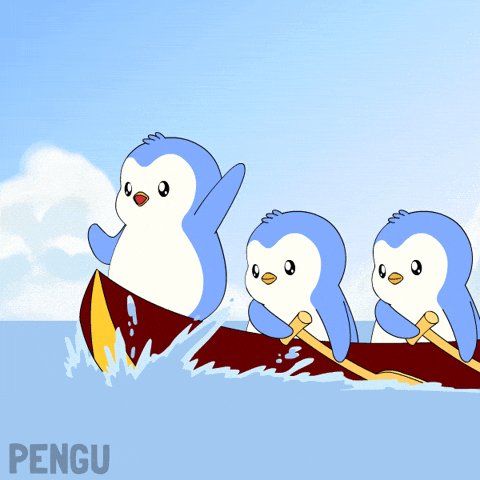 The image features three penguins paddling a boat together against a blue sky with clouds. One of the penguins has its arms raised high above its head, while another one is waving at the camera. The third penguin is also holding onto an oar and appears to be rowing the boat. The post "PENGU" suggests that this image might be related to a specific event or gathering involving penguins.