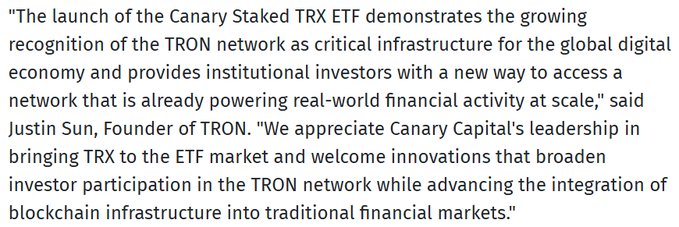 A quote attributed to Justin Sun, Founder of TRON, praising the launch of the Canary Staked TRX ETF and its integration into traditional financial markets.