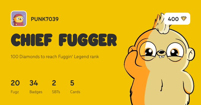 A profile page for user PUNK7039 with the username 'CHIEF FUGGER' on a yellow background, showing 400 diamonds and stats: 20 Fugz, 34 Badges, 2 SBTs, 5 Cards, noting 100 diamonds needed to reach Fuggin' Legend rank, with a cute orange cartoon character illustration.