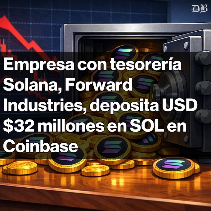The image features an old-style gold safe with colorful money inside of it, including coins worth $32 million. The scene also includes text that translates to "Movimiento sorpresivo en el mundo cripto Forward Industries, mayor tenedor corporativo de Solana, transfiere 455.784 SOL, equivalentes a USD 32,87 millones, a Coinbase Prime".