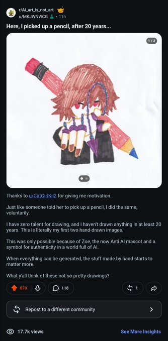 A Reddit post from r/AI_art_is_not_art shows a hand-drawn anime-style character holding a pencil, with the title "Here, I picked up a pencil, after 20 years..." and a caption discussing the motivation to start drawing again.