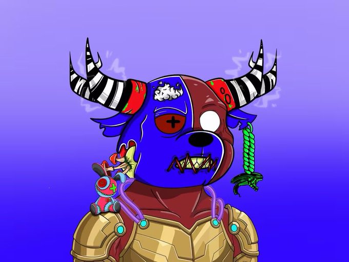 A digital illustration of a cartoonish blue and red creature with striped horns, exposed brain, and gold armor, holding a small toy figure against a purple background.
