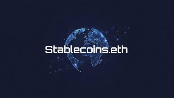 A digital globe graphic with network nodes on a dark blue background, featuring the text "Stablecoins.eth" in the center.