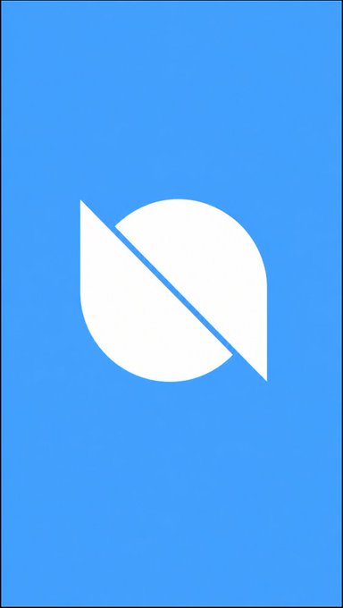 A simple graphic featuring a white, stylized leaf-like logo centered on a solid blue background.