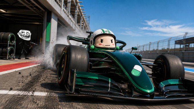 A cartoon figure with a smug face drives a green F1 race car out of the pit lane, overlaid with a troll face meme—mirroring the post's confident "buy & hold" pitch for $CUPSEY, suggesting the coin is about to accelerate into a 100m rally.