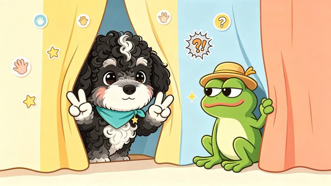 A cartoon illustration featuring a fluffy black and white dog wearing a teal bandana making peace signs, alongside a green frog wearing a yellow hat, with floating decorative icons like hands, stars, and question marks.