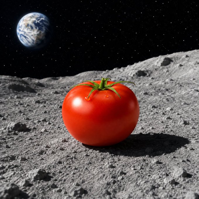 A surreal image of a red tomato sitting on the gray, rocky surface of the moon, with a starry black sky and Earth visible in the background.