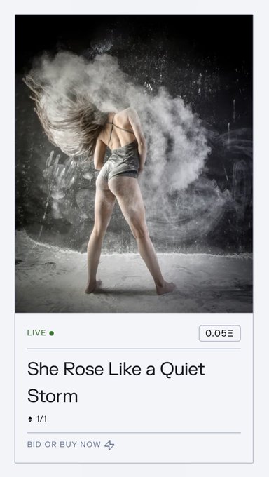 The image shows an NFT listing titled "She Rose Like a Quiet Storm," priced at 0.05Ξ (Ethereum) and marked as "LIVE," featuring a dancer mid-motion amid swirling powder against a dark backdrop. The accompanying "GM" (good morning) post shares this Ethereum-based NFT from transient.xyz, aligning with the crypto art community's morning greeting tradition.