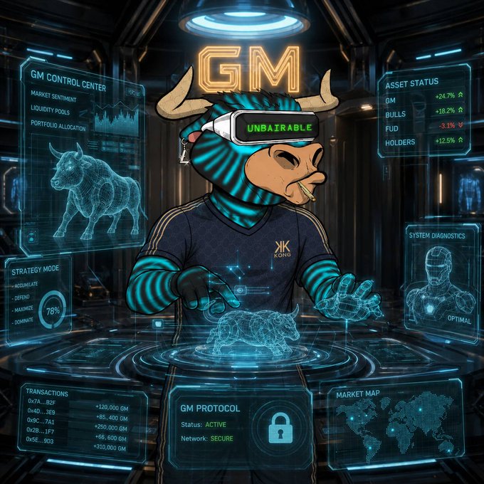 A futuristic GM Control Center interface displays a bull mascot wearing an "UNBAIRABLE" VR headset, with holographic panels showing asset statuses (GM +24.7%, BULLS +18.2%), market sentiment at 78% favorability, and a glowing "GM" neon sign overhead—perfectly capturing the bullish crypto community's daily "Gm" greeting.