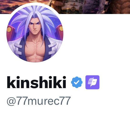 A Twitter/X profile for 'kinshiki' (@77murec77) featuring a Dragon Ball-style anime character with purple hair as the avatar.