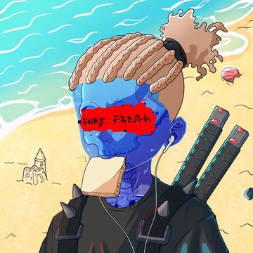 A blue-skinned zombie-like character with a red "FAKE FREAK" blindfold stands on a beach with two katanas strapped to his back, listening to music through earbuds. The edgy, skeletal art style reflects the "DeGod vibes" mentioned in the post about the Kinsman NFT collection, though the collector acknowledges missing the free mint window.