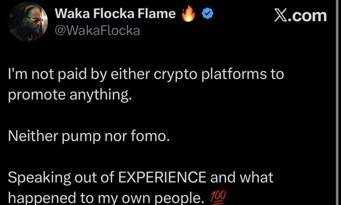The image shows a tweet from Waka Flocka Flame (@WakaFlocka) with a fire and verified emoji in his display name, stating "I'm not paid by either crypto platforms to promote anything. Neither pump nor fomo. Speaking out of EXPERIENCE and what happened to my own people. 💯" The tweet appears to be a response to allegations of being a paid promoter, and relates to the accompanying post about his wallet being removed from a crypto leaderboard.
