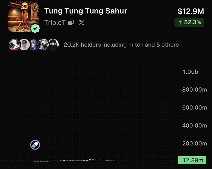 A cryptocurrency dashboard displays "Tung Tung Tung Sahur" (ticker TripleT) with a market cap of $12.9M and a 52.3% gain, showing 20.2K holders including "mitch and 5 others." The image illustrates the post's theme of meme coin volatility—while the chart shows a modest pump from near-zero to $12.89M, the caption reflects the speculative mindset of investors riding volatile tokens hoping to reach billions.