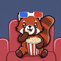 A cartoon red panda with 3D glasses eats popcorn while sitting in a red movie theater seat.