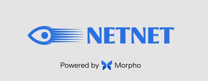 The image shows the NETNET logo in blue, featuring an eye icon with trailing lines, alongside a "Powered by Morpho" tagline with Morpho's butterfly logo. This appears to relate to the post about NETNET being a hybrid DeFi protocol combining elements of Aave (lending), MakerDAO (decentralized stablecoin creation), and Axie Infinity (play-to-earn gaming).