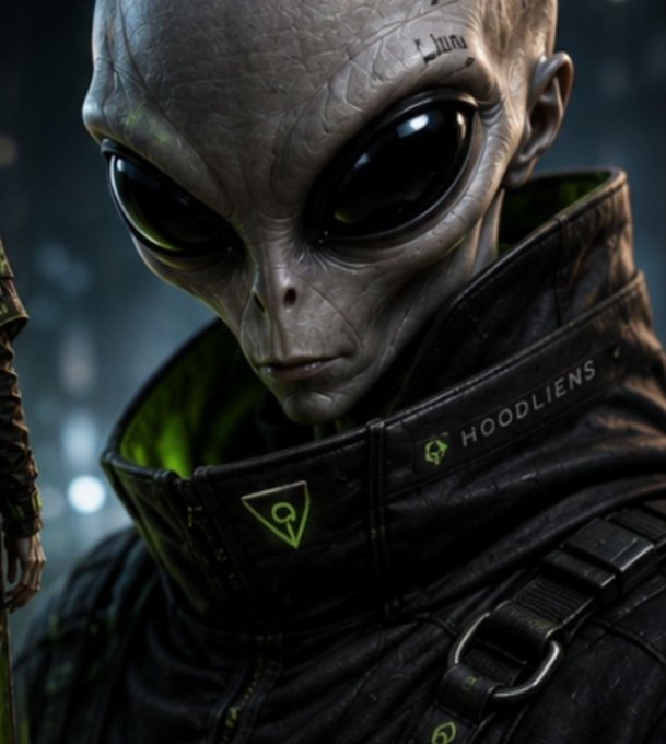 An alien humanoid with large black eyes and grayish wrinkled skin wears a tactical black jacket featuring "HOODLIENS" branding and green insignia, evoking the mysterious extraterrestrial origins suggested by the 1977 Wow! signal mentioned in the post. The eerie portrait visually ties to the $HDLN token narrative of searching for answers about who sent that brief cosmic transmission.