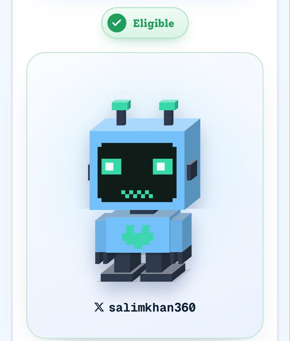 An 'Eligible' status notification displayed above a blue pixelated robot NFT avatar with green eyes, attributed to X user 'salimkhan360'.