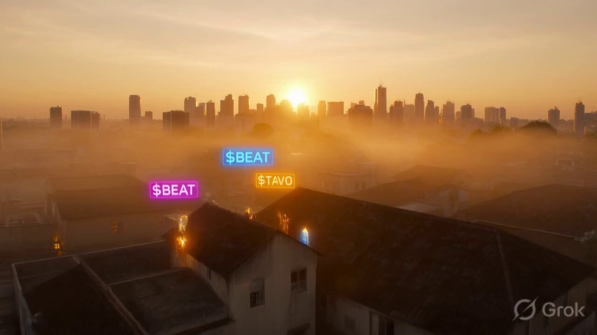 The image shows a city skyline at sunrise, with buildings of various sizes visible against the sky. The sun is rising over the horizon, casting a warm glow across the scene. In the foreground, there are neon signs that read "SBEAT", "STAVO", and "HOPium X TRENDING WILD CARDS". These signs add an interesting visual element to the image, as they contrast with the natural beauty of the sunrise over the cityscape.