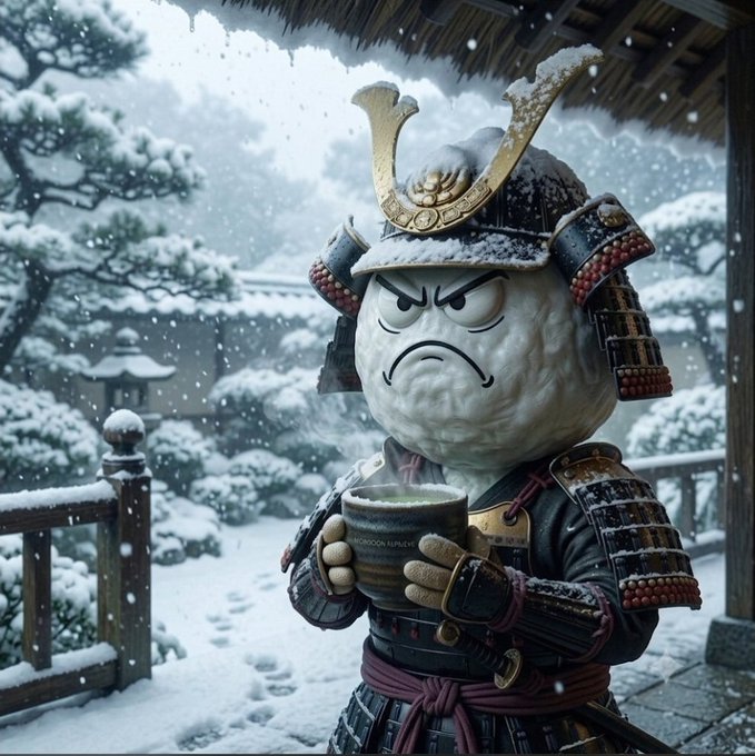 A digitally created image of an angry samurai dumpling character wearing traditional armor and holding a cup of steaming tea in a snowy Japanese garden setting.