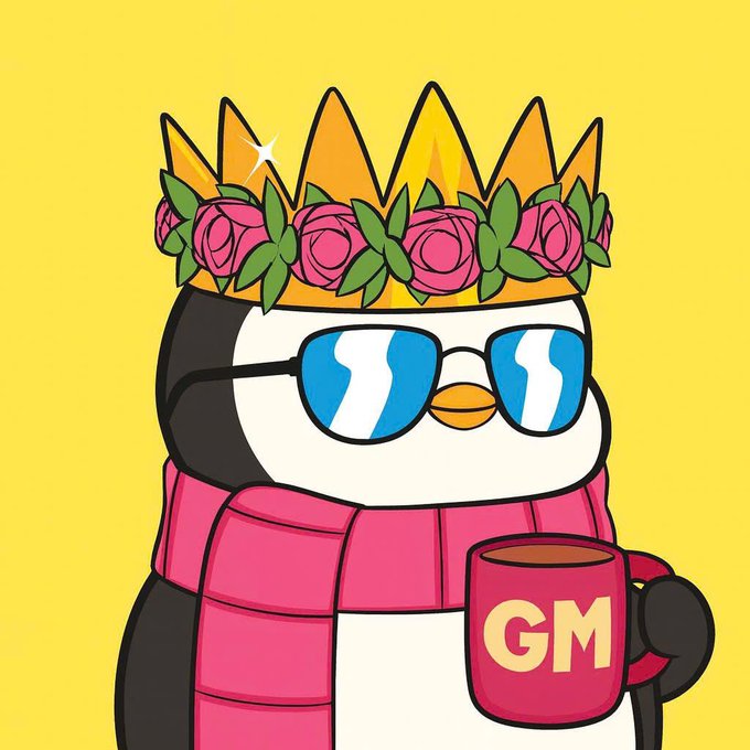 An illustrated penguin character wearing a crown of pink roses, blue sunglasses, and a pink scarf, holding a mug that says 'GM' against a yellow background.