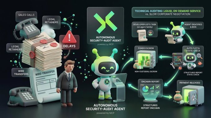 A 3D illustration detailing an 'Autonomous Security-Audit Agent' powered by MCP, comparing slow corporate negotiation with technical auditing for processes like sales calls and wire transfers.