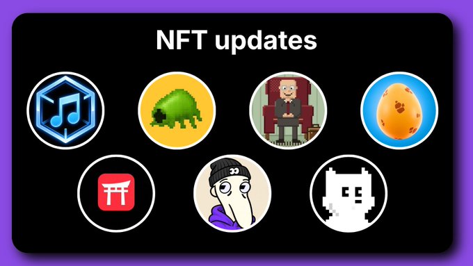An "NFT updates" graphic displaying seven circular profile pictures featuring various art styles including pixel art, cartoon characters, and iconic figures.