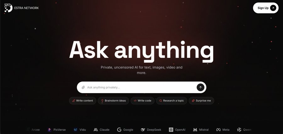 A homepage screenshot for Estra Network featuring an 'Ask anything' private AI interface with options to write content, brainstorm ideas, write code, and research using AI models like Arcee, PixVerse, Vidu, Claude, Google, DeepSeek, OpenAI, Mistral, Meta, and Qwen.