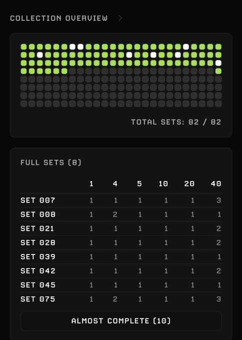 A 'Collection Overview' screen showing 82/82 total sets completed with a grid of green squares, listing complete sets including SET 007, SET 008, and SET 075 across values of 1, 4, 5, 10, 20, and 40.