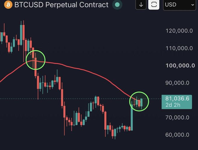 A candlestick chart of the BTCUSD Perpetual Contract shows Bitcoin's price action around its 50-week moving average (red line), with two green circles highlighting key moments where price tested this critical level near $100,000 and again at $81,036.6. The chart visually reinforces the post's sentiment, illustrating Bitcoin's struggle to reclaim the 50-week MA—a breakout above which the author is celebrating as cause for a worldwide party.