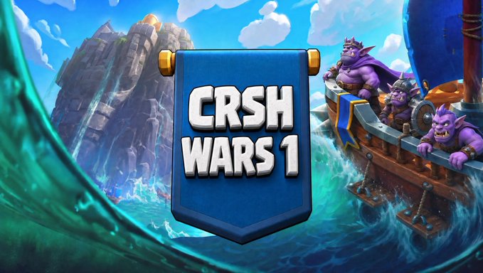 Promotional artwork for 'CRSH WARS 1' showing a blue banner logo centered over a scene of purple-skinned orcs riding a pirate ship through ocean waves near a mountainous island.