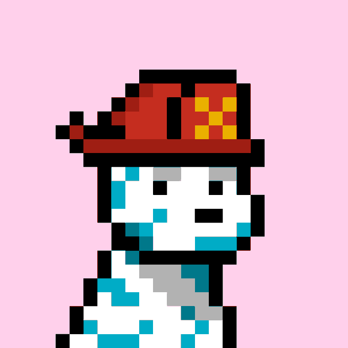 The image features a cartoon-style drawing of a white dog wearing a red hat with an X on it, standing against a pink background. The caption below the image reads "New @doginaldogs sale! Doginal Dog #4446 OTC market.doginaldogs.com/inscription/6a". This suggests that there is a new collection or series of drawings by this artist and they are available for purchase on their website, Doginal Dogs.
