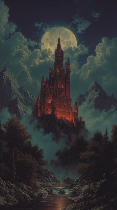 A dark fantasy artwork depicting a towering, glowing red castle set against a large full moon, surrounded by mist, mountains, and a rocky stream in the foreground.