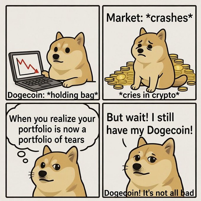 The image features a cartoon dog sitting next to a laptop, with text overlaying the scene that reads "Market crashes! Market: 'crashes' means loss of value; portfolio: 'portfolio' refers to assets; crying: 'cries in cryto' is a type of cryopreservation.!" The post also includes an image of a dog and a laptop, with text above it stating "DOGEON!: It's not all bad".