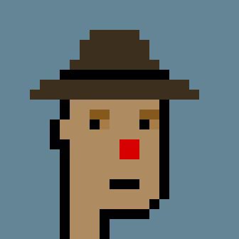 Pixel art portrait of a figure wearing a wide-brimmed dark hat against a light blue background, with simple facial features including a red rectangular nose.